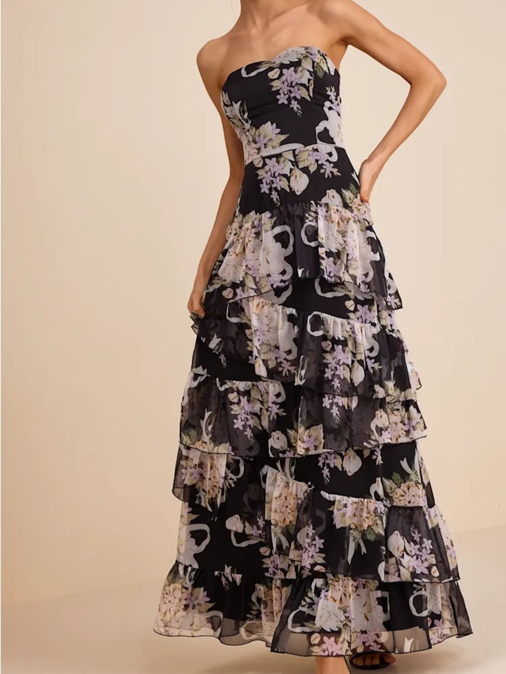 Lulu's Black Strapless Floral Ruffle Maxi Dress